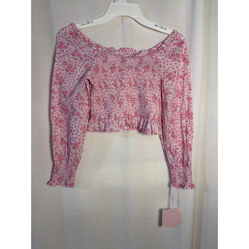 LoveShackFancy Target Kids Rose Pink Floral Smocked Crop Top Long Sleeve Size 9